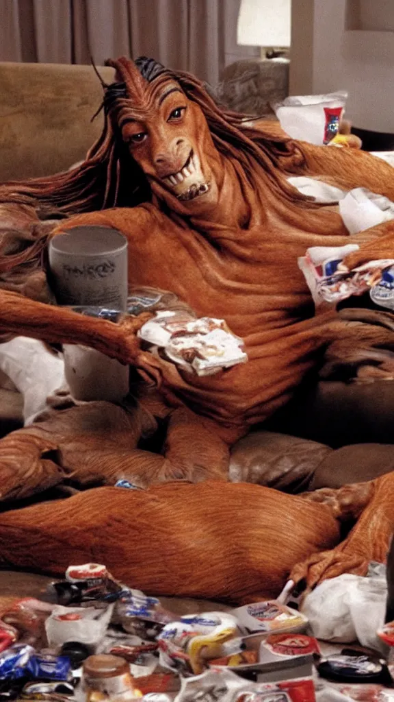 Image similar to jar jar binks lounging on his sofa in a dimly lit room, with fast food packaging strewn all over the floor