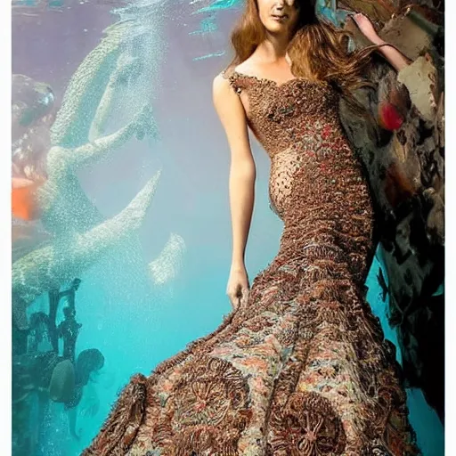 Prompt: mermaid , underwater , a stunning beautiful giorgia-era dress with brown long hair , abundant detail, octopuses and flowers