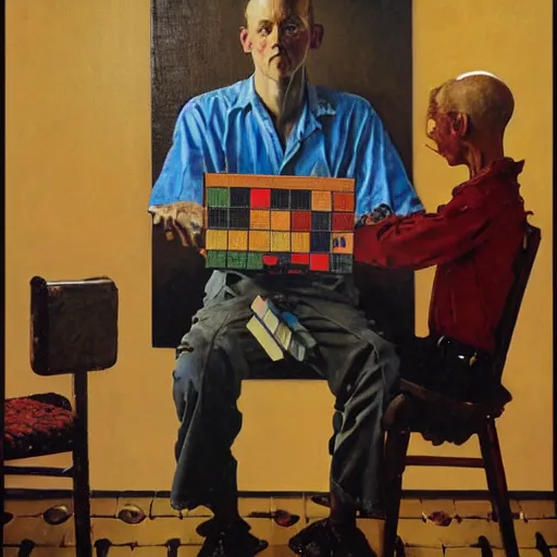 Prompt: A painting of a man with a face like a rubiks cube, Norman Rockwell painting