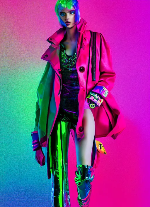 Prompt: coat for a rave, bright colors, many details, prints, photo for a magazine, photo for a store, fashion photography, Vogue, 135 mm, cinematic, hyper realism, high detail, octane render, 8k, chrome accents