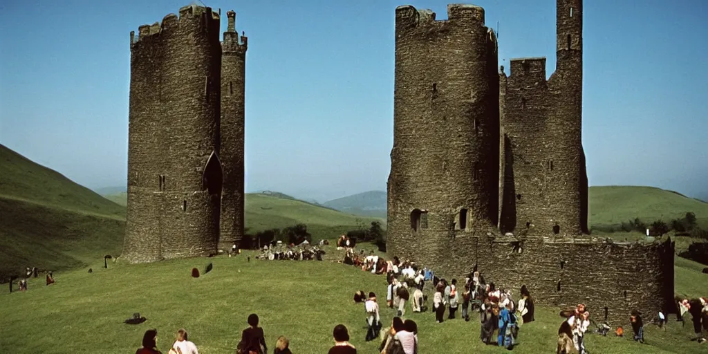 Prompt: A full color still from a Stanley Kubrick film featuring a a large black medieval tower in a green valley, 35mm, 1975