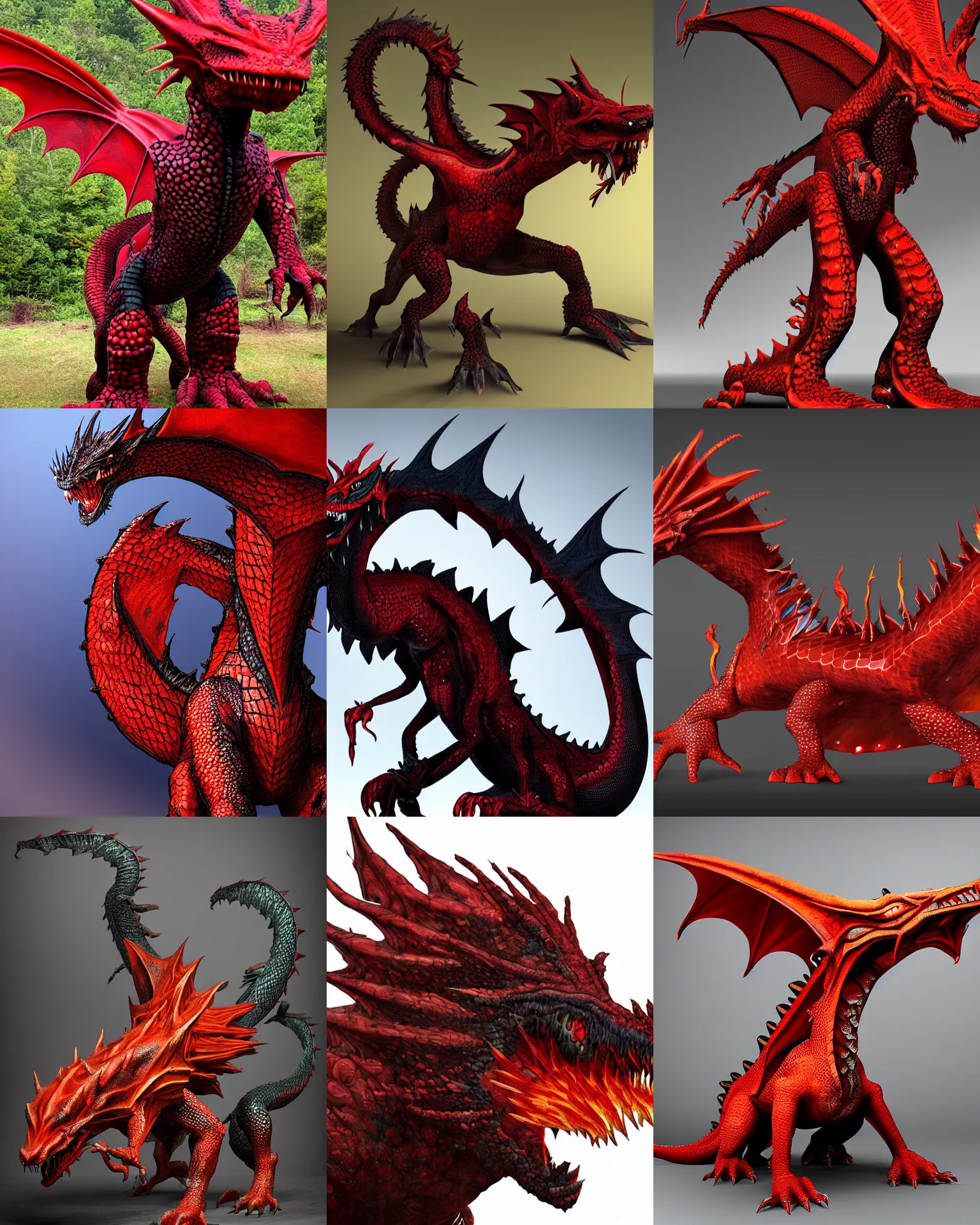 Prompt: 3 meters tall bipedal dragonoid, with black thick curved scales with dark red tips and fiery red skin lying underneath