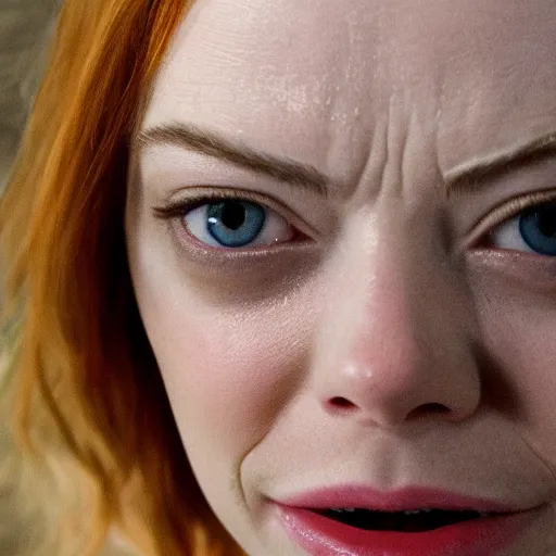 Prompt: emma stone is gollum from lord of the rings, few strands of hair, bad teeth, in a cave, 8k ultra real