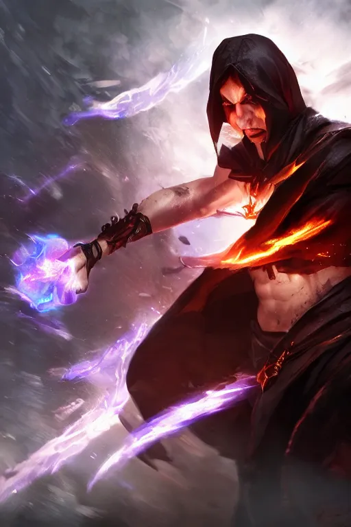 Image similar to an evil mage in a fighting pose casting a dark spell, character splash art, dynamic, action pose, digital painting, WLOP, trending on artstation, 8k, epic composition, highly detailed, sharp focus