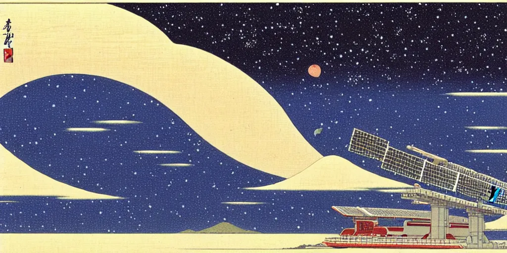 Image similar to a space station by kawase hasui. hd