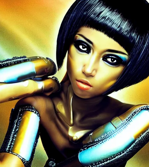 Prompt: very beautiful closeup portrait of a black bobcut hair style futuristic cleopatra in a blend of manga - style art and photorealism, augmented with vibrant composition and color, all filtered through a cybernetic lens, by hiroyuki mitsume - takahashi and noriyoshi ohrai and annie leibovitz, dynamic lighting, flashy modern background with black stripes