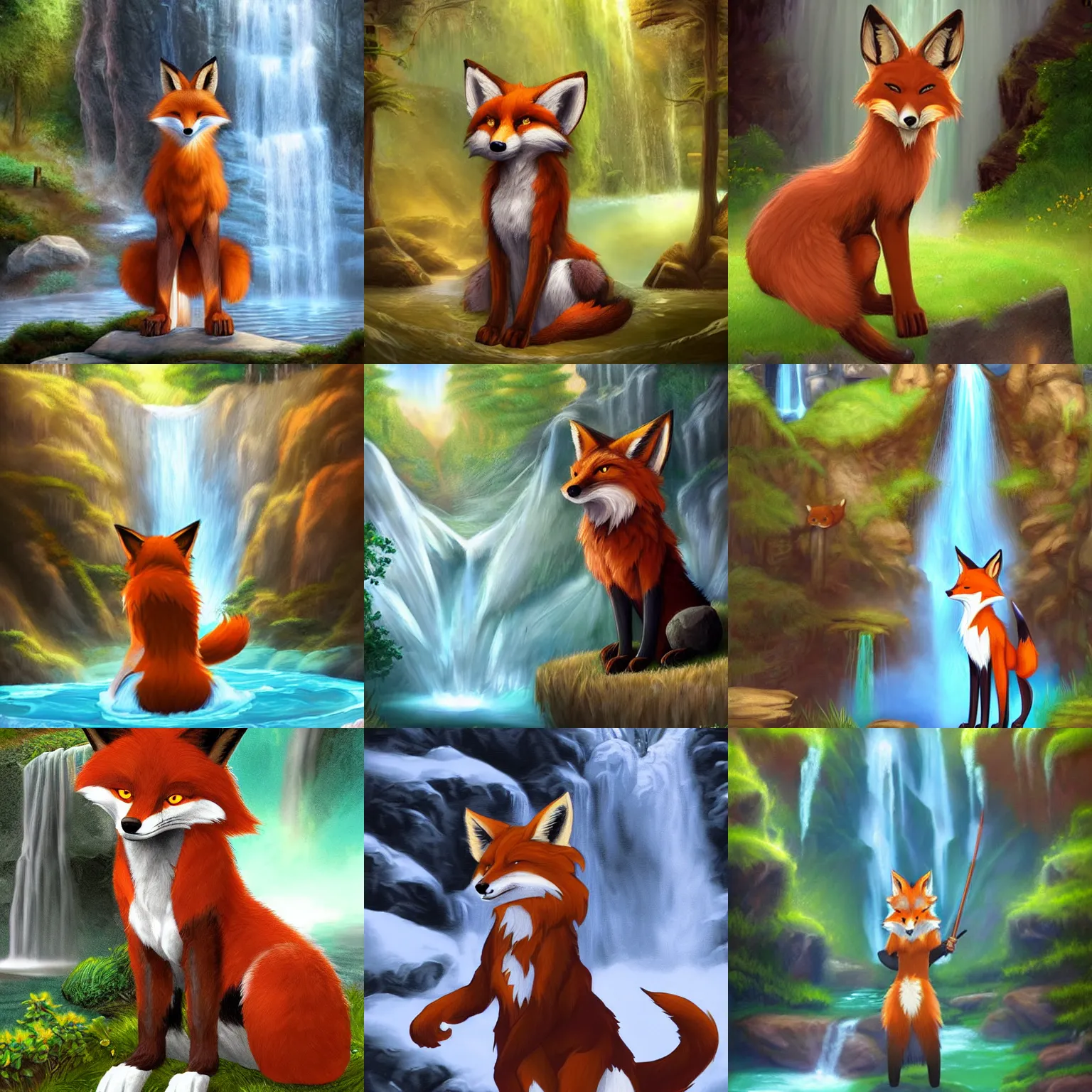 Prompt: fantasy furry art of an anthro!!!! fox fursona!!!! standing up in front of a waterfall, photorealistic, award winning, FurAffinity