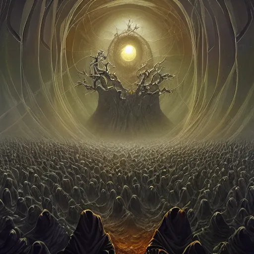 Image similar to a quantum computer surrounded by a dark cabal of multiple hooded elven mystics in long dark robes gathered in a circular formation, dan seagrave art, michael whelan, artstation, cgsociety, epic scifi fantasy art