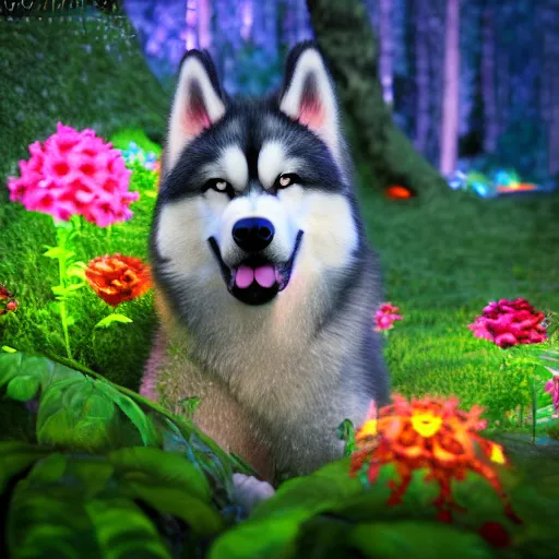 Image similar to alaskan malamute made of flowers playing in a bioluminescent forest at dusk, octane render, colorful, beautiful