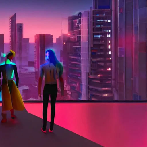 Prompt: a cinematic composition depicting : we're overlooking translucid crystal android being, whos is behind their heads up display viewing out of their window how a high tech lush solarpunk tribe collaborating with their technologic android helpers encroaching a cyberpunk resort at sunrise