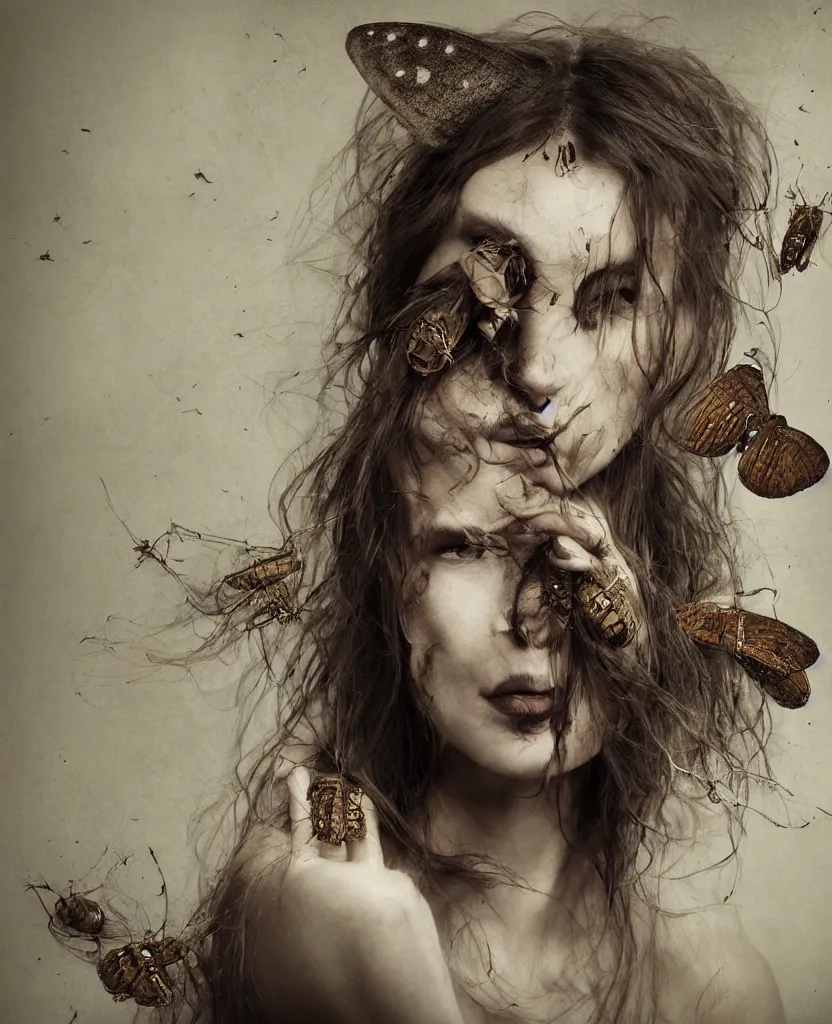 Image similar to head and shoulders portrait of a beautiful woman with a large moth sitting on her face, caterpillars and grubs crawl over her body, long flowing hair, disturbibg and gothic, by Nina Masic by Flora Borsi, by Lee Jeffries