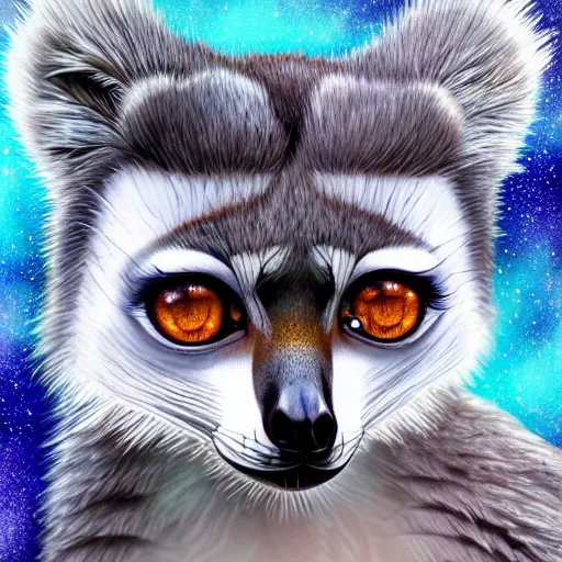 Prompt: Geometric lemur with galaxy eyes, sun in the background, intricate, elegant, highly detailed, digital painting, artstation, concept art, smooth, sharp focus, illustration, art by artgerm