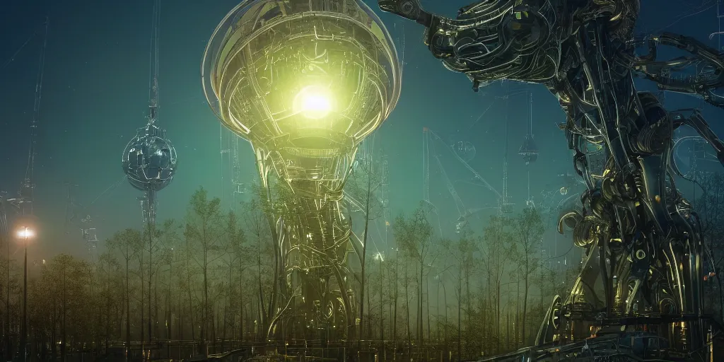 Image similar to giant glowing mechanical machine towering over alien forest, at night, ray tracing, refractive, award winning, trending on artstation, digital art. highly detailed 8 k. intricate. lifelike. soft light. nikon d 8 5 0.