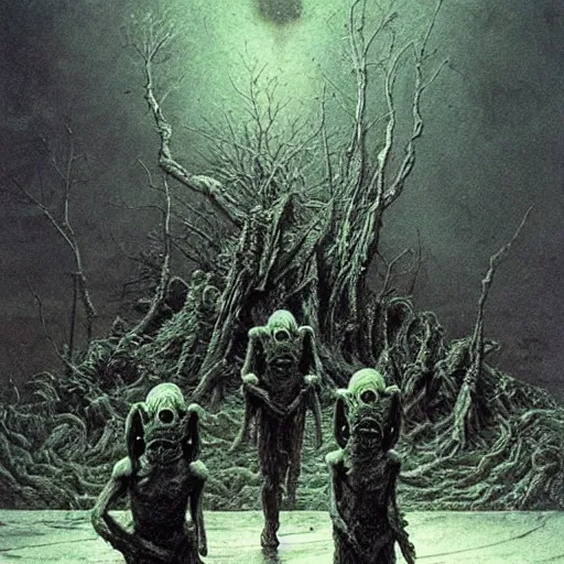 Prompt: goblin recon squad beksinski, eldritch, apocalypse, creepy creature, horror spooky