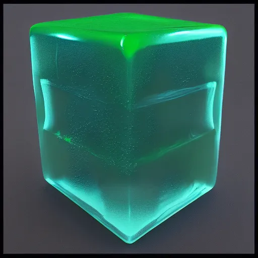 Image similar to a gelatinous cube from dnd, translucent green slime cube, 3d render, unreal engine, volumetric lighting, artstation