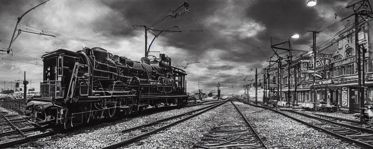 Prompt: early trains built with spaghetti engines, canon 5 0 mm, cinematic lighting, photography, retro, black and white film, kodachrome