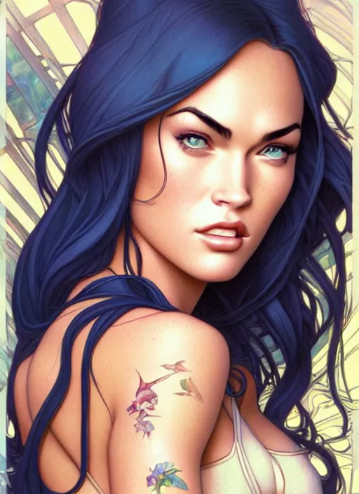 Image similar to cute megan fox sticker design, natural lighting, path traced, highly detailed, high quality, digital painting, by don bluth and ross tran and studio ghibli and alphonse mucha, artgerm