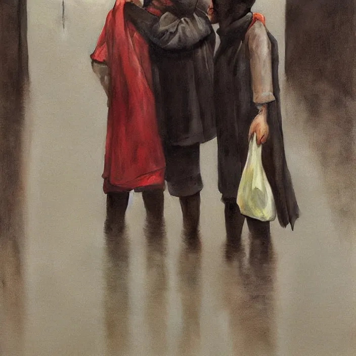 Image similar to two women hugging with a paper bag over the head dressed in plastic bags on flooded streets, highly detailed, artstation, art by, , edward hopper, Zdzislaw Beksinski, highly detailed