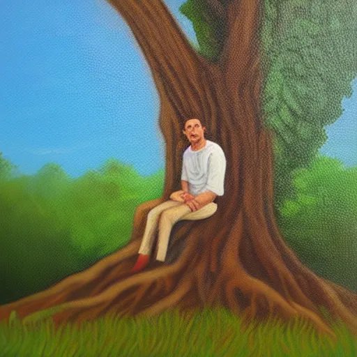 Image similar to beautiful oil painting of george sitting on a tree, day light, sunlight swamp, award - winning, matte,