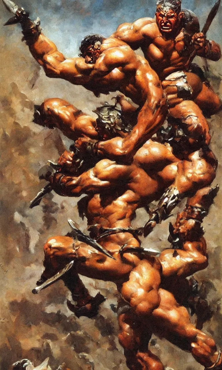 Image similar to an oil painting of a muscular barbarian warrior by frank frazetta