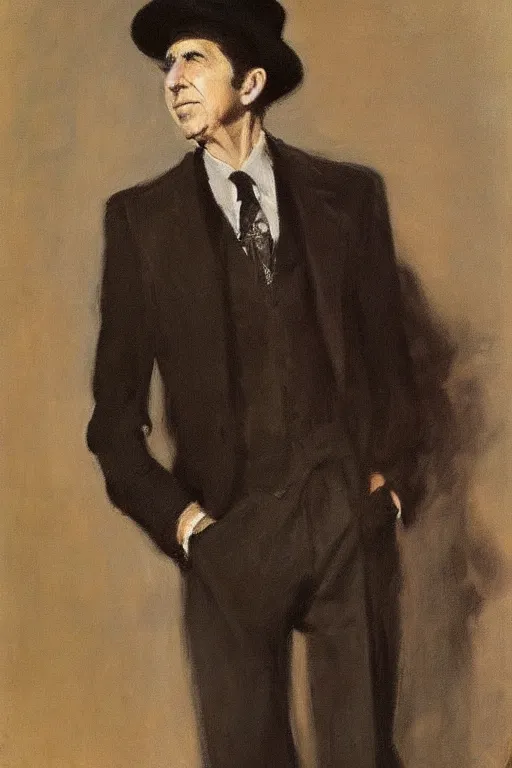 Image similar to “portrait of Leonard Cohen, impeccably dressed, wearing trilby hat, by John Singer Sargent”