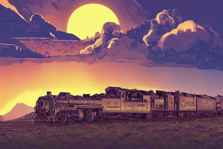 Image similar to old western freight train illustration by joe fenton and syd mead and p. craig russell and barry windsor - smith, artstation, 4 k, graphic novel, concept art, matte painting, steam engine spewing billowy white clouds of steam, beautiful idyllic mountain desert sunset background, golden hour, art nouveau