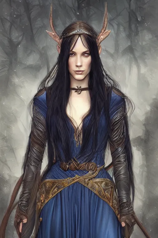 Image similar to portrait, headshot, digital painting, of elven warrior Arwen, beautiful, tall, long dark hair, dark blue satin dress, realistic, hyperdetailed, chiaroscuro, concept art, art by waterhouse