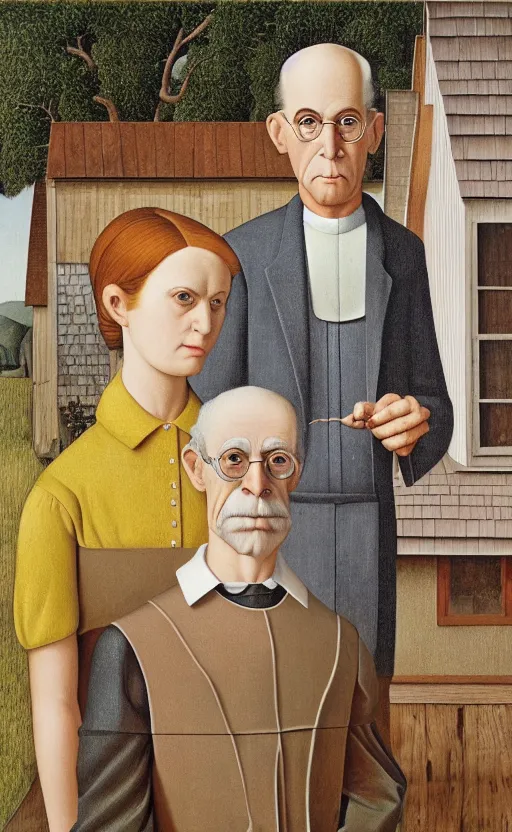 Prompt: An old farmer and his adult daughter in American Gothic by Grant Wood in the style of MC Escher, optical illusion modern art