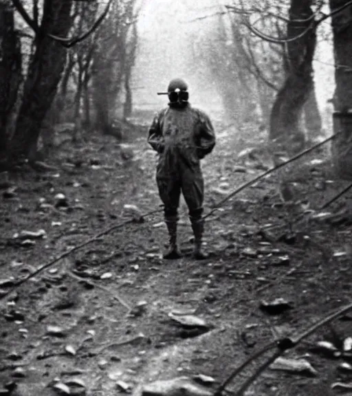 Image similar to man in a anti-radiation hazmat suit and gasmask at distance in chernobyl, ww1 film photo, grainy, high detail, high resolution