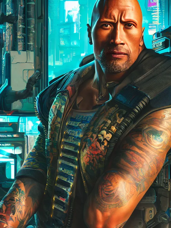 Image similar to a cyberpunk 2077 portrait of Dwayne Johnson put his arms around a female android , complex mess of cables and wires behind them connected to giant computer, love,film lighting, by laurie greasley,Lawrence Alma-Tadema,William Morris,Dan Mumford, trending on atrstation, full of color, highly detailed,8K, octane, Digital painting,golden ratio,cinematic lighting