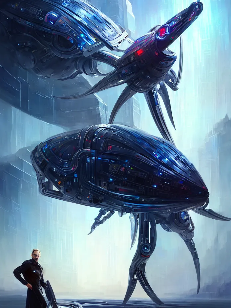 Image similar to a person looking like vladimir putin riding giant steel krab, masterpiece, intricate, elegant futuristic wardrobe, highly detailed, digital painting, artstation, concept art, crepuscular rays, smooth, sharp focus, illustration, background galaxy, cyberpunk colors, volumetric lighting, art by artgerm and james jean and nick sullo