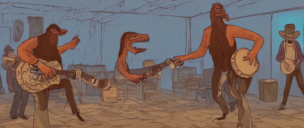 Image similar to a beautiful illustration of a bearded velociraptor man playing a banjo at a square dance Jean | graphic novel:.5 | unreal engine:.6