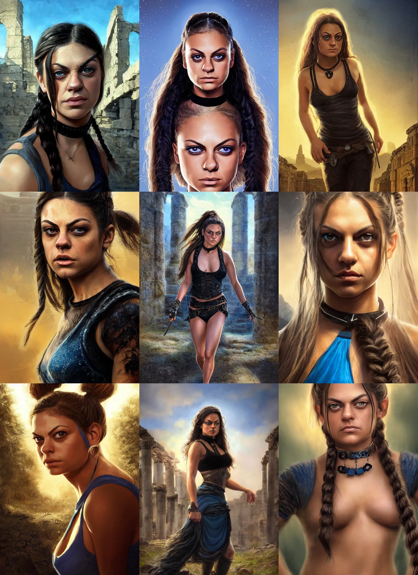 Image similar to portrait of young muscled Mila Kunis with pigtails hair and bright blue eyes looking directly into the camera, wearing black choker, walking out epic ancient ruins, golden hour, intricate, elegant, highly detailed, centered, sharp digital painting, artstation, concept art, smooth, sharp focus, illustration, Allan Lee, John Howe