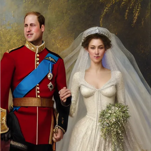 Image similar to the official painting of prince william and bella hadid's royal wedding, showing the skill of artists gaston bussiere, craig mullins, j. c. leyendecker 8 k, watercolor, royal painting, painting, traditional art, royal wedding