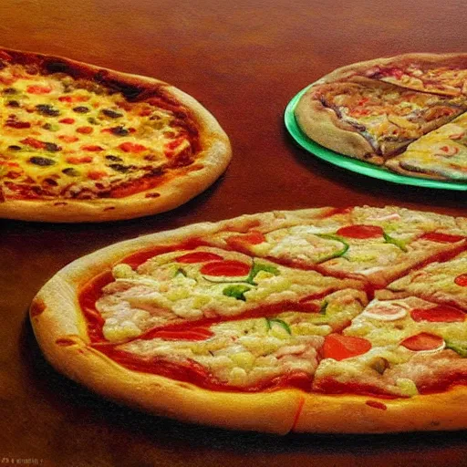 Prompt: highly detailed, high resolution, hyper realistic, 8 k, trending on artstation, landscape nature painting made out of pizza