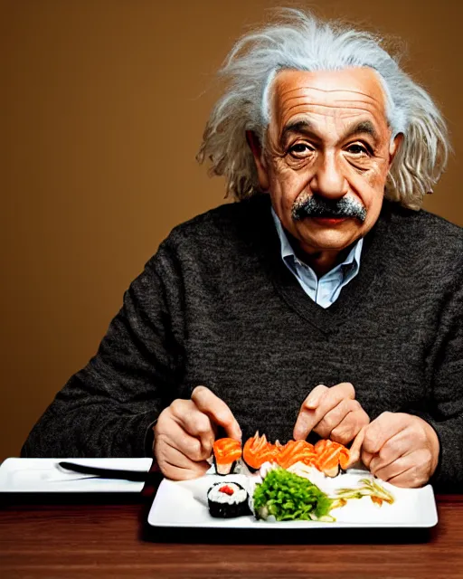 Prompt: a portrait of albert einstein sitting at the dining table with a plate containing sushi in front of him, highly detailed, trending on artstation, bokeh, 9 0 mm, f / 1. 4