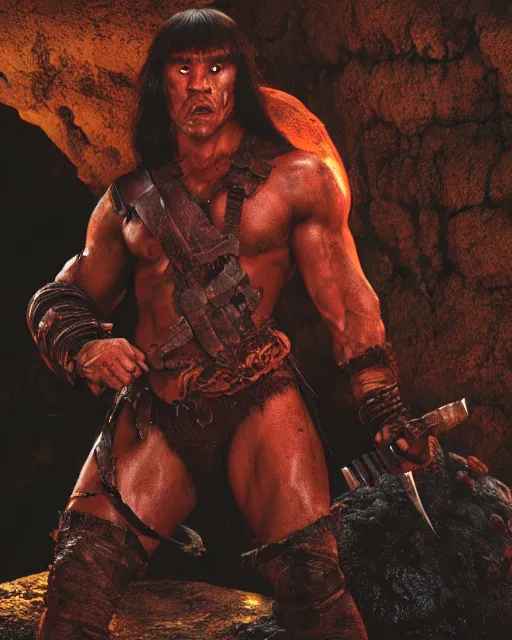 Prompt: closeup Photo of Conan the Barbarian in a lava dungeon, rim lighting, octane, Natasha Tan, Maciej Kuciara, Edgar Rice Burroughs,