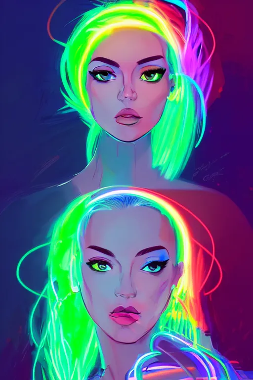 Image similar to a award winning portrait of a beautiful woman with stunning eyes in a one off shoulder crop top and cargo pants with rainbow colored hair, outlined by whirling illuminated neon lines and fine lines swirling in circles by greg tocchini, digital art, trending on artstation