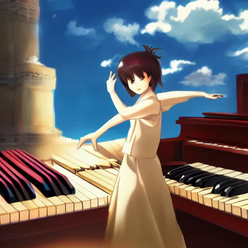 Image similar to a girl playing piano in the sky,anime,highly detailed