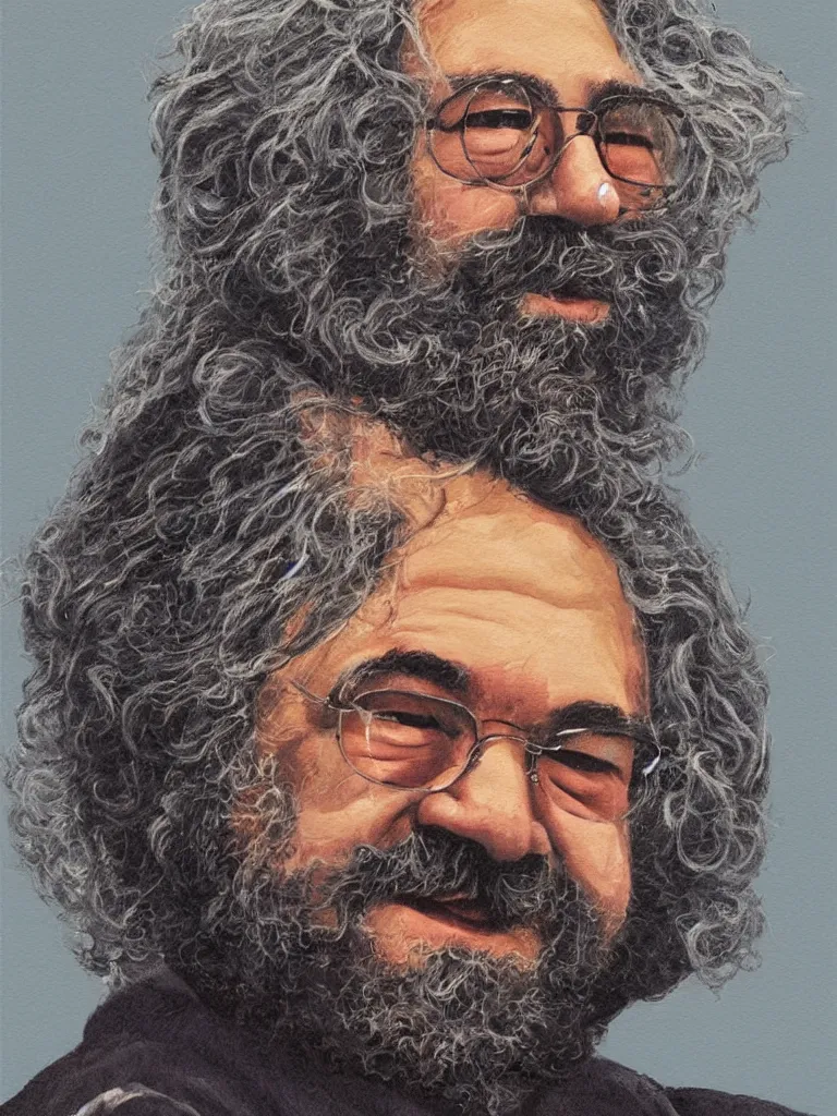 Image similar to professional painting of Jerry Garcia in the style of Quint Buchholz, head and shoulders portrait, symmetrical facial features, smooth, sharp focus, illustration, intricate, stormy weather, extremely detailed masterpiece,