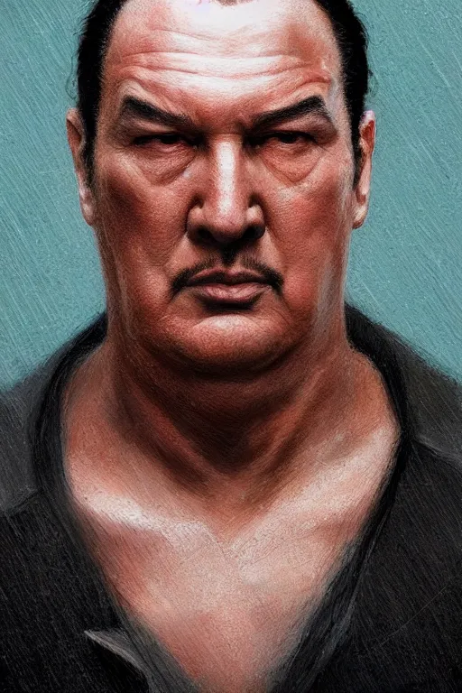 Image similar to sad steven seagal mug shot for treason, intricate, elegant, highly detailed, digital painting, artstation, concept art, smooth, sharp focus, illustration, art by greg rutkowski, masterpiece, perfect composition, award - winning photography, cgsociety, patriotic