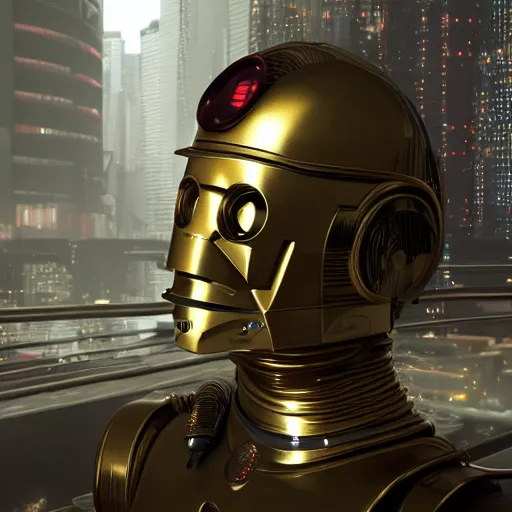 Image similar to photo of c 3 po as a cyberpunk, ultra realistic details, 8 k