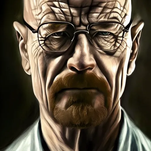 Prompt: An ultra realistic portrait painting of walter white in the style of Frank Frazetta, 4k, Ultra realistic, Highly Detailed, Dark Fantasy, Epic Lighting