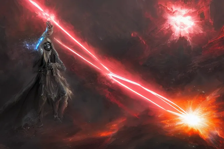 Image similar to a dark mage firing a huge laser beam of dark energy, digital painting, mixed media, trending on artstation and deviantart, epic composition, highly detailed, 8 k