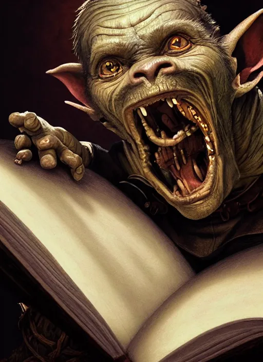 Image similar to highly detailed closeup portrait of a medieval goblin reading a spellbook, stephen bliss, unreal engine, greg rutkowski, ilya kuvshinov, ross draws, hyung tae and frank frazetta, tom bagshaw, tom whalen, nicoletta ceccoli, mark ryden, earl norem, global illumination, god rays, detailed and intricate environment