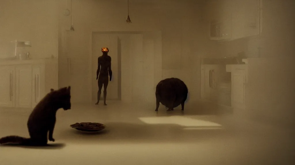 Prompt: a strange creature searches through a kitchen, film still from the movie directed by Denis Villeneuve with art direction by Zdzisław Beksiński, telephoto lens, shallow depth of field, golden hour