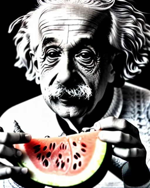 Prompt: A photo of Albert Einstein eating watermelon, highly detailed, trending on artstation, bokeh, 90mm, f/1.4