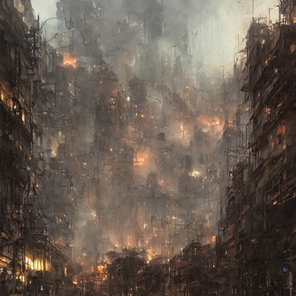 Image similar to steam punk city under attack, by greg rutkowski, so many wires