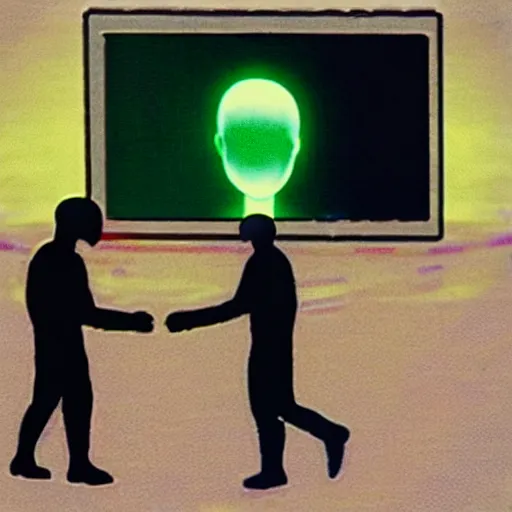 Prompt: a vhs glitch of an alien shaking hands with an astronaut