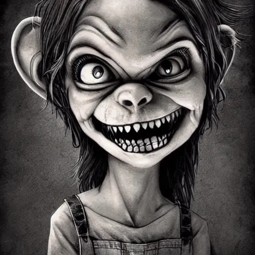 Image similar to grunge cartoon drawing of a cute chucky smiling by - michael karcz , in the style of corpse bride, loony toons style, horror themed, detailed, elegant, intricate